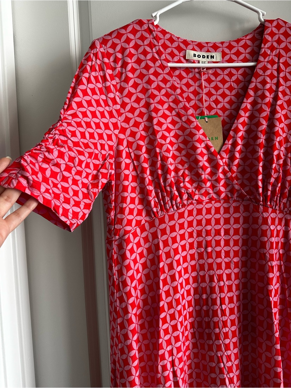 Boden Red-Pink Geometric V-Neck Midi Dress - Picture 4 of 6